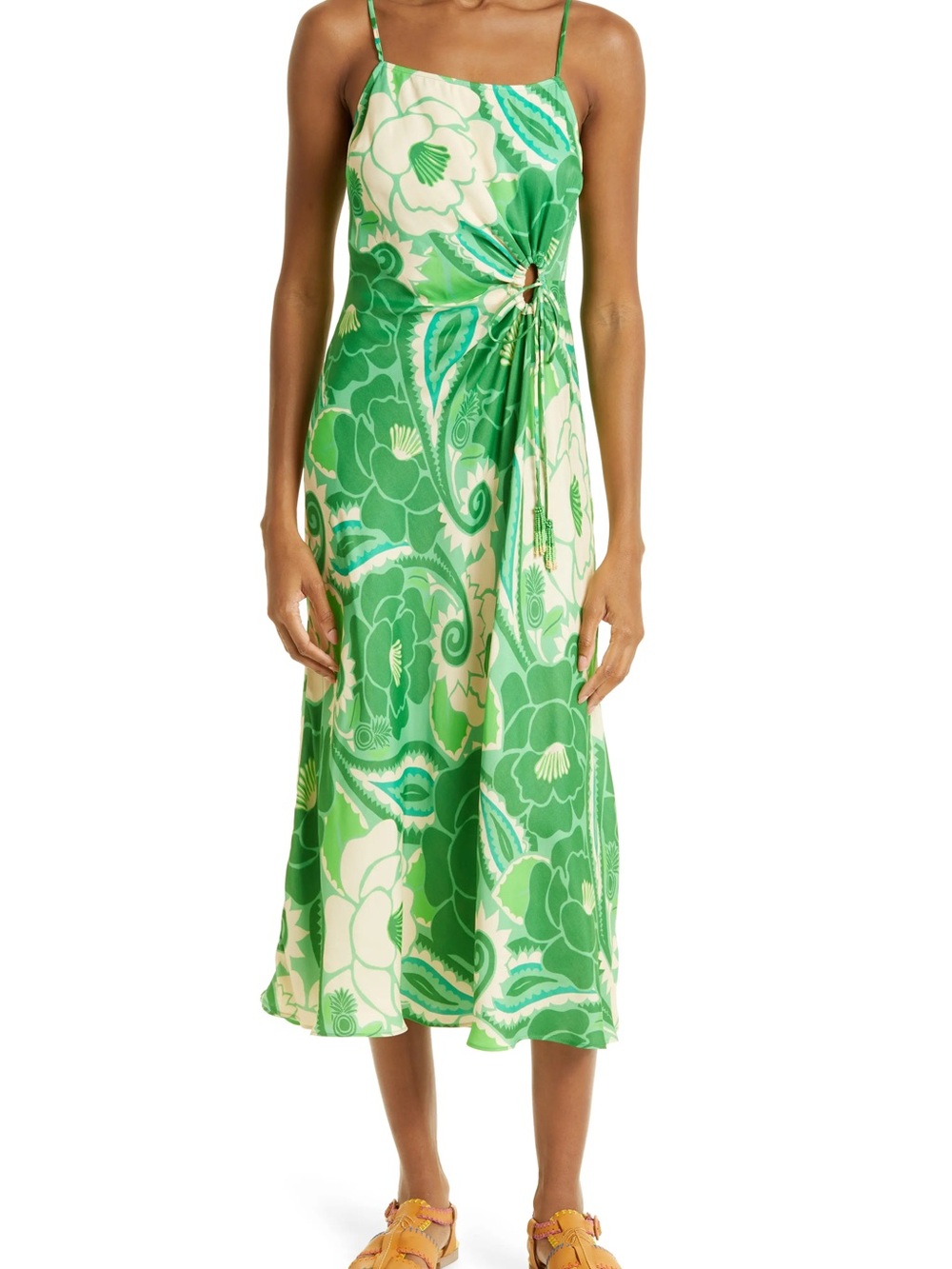 FARM Rio Tropical Groove Green and Cream Floral Midi Dress with Side Ring